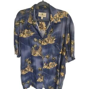 Island Shores Hawaiian Shirt L Blue Palm Leaf Aloha Camp Casual Button Front